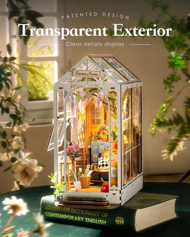 Rolife garden house lit at night with warm LED glow for ambient lighting benefit