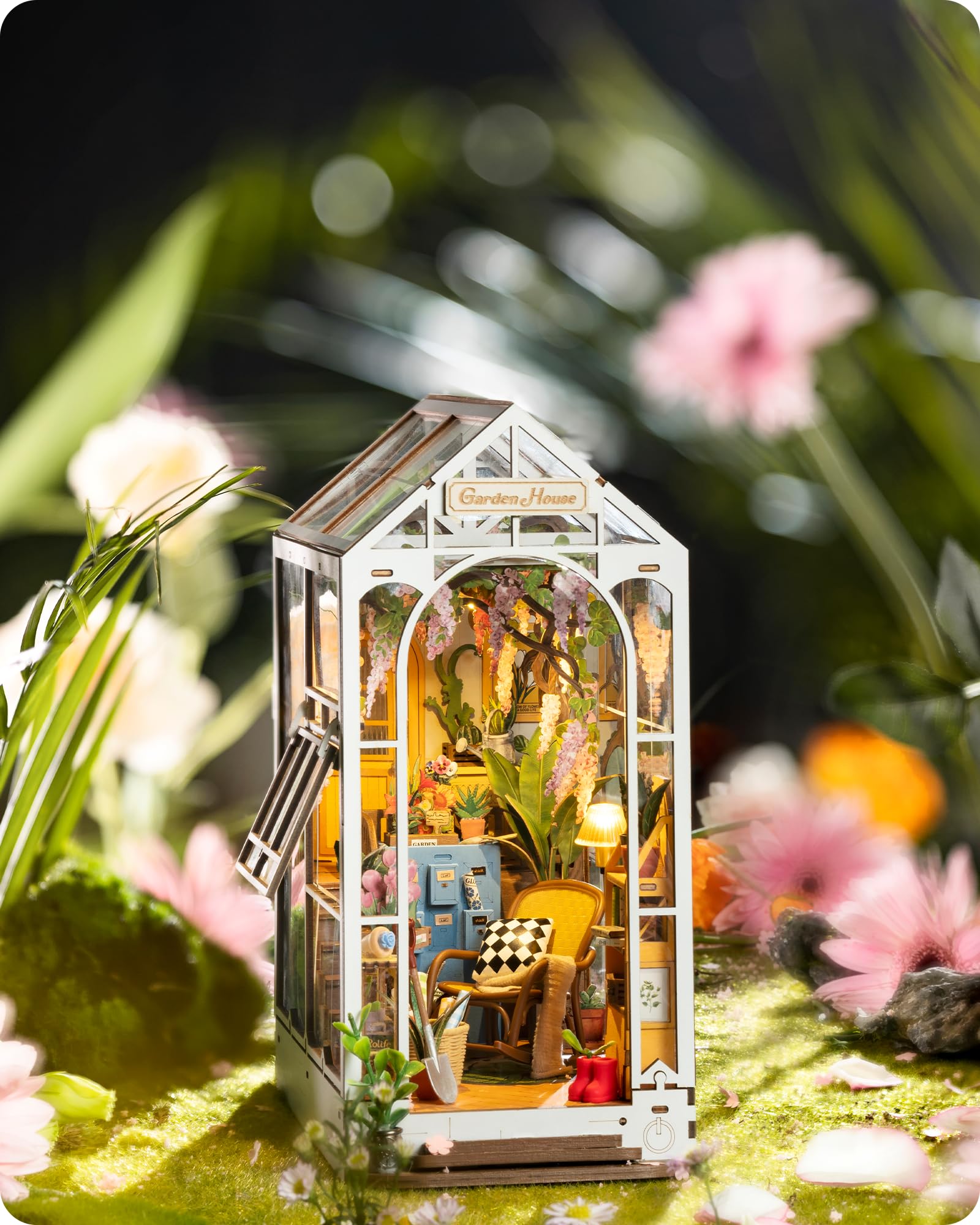 Rolife garden house styled on a shelf showing decorative and gift-ready look