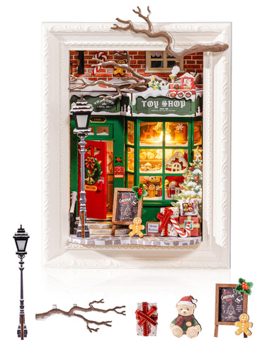 Rolife Santa's Toy Shop front view showing finished shadow box benefit display