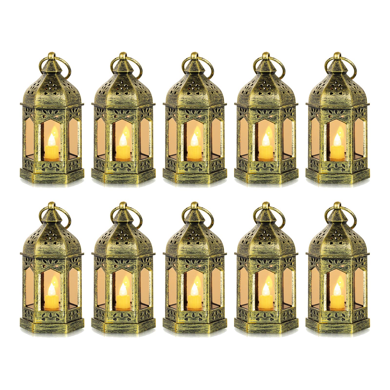 Romadedi front view of pack of 10 gold mini lanterns showing elegant finish and benefit lighting