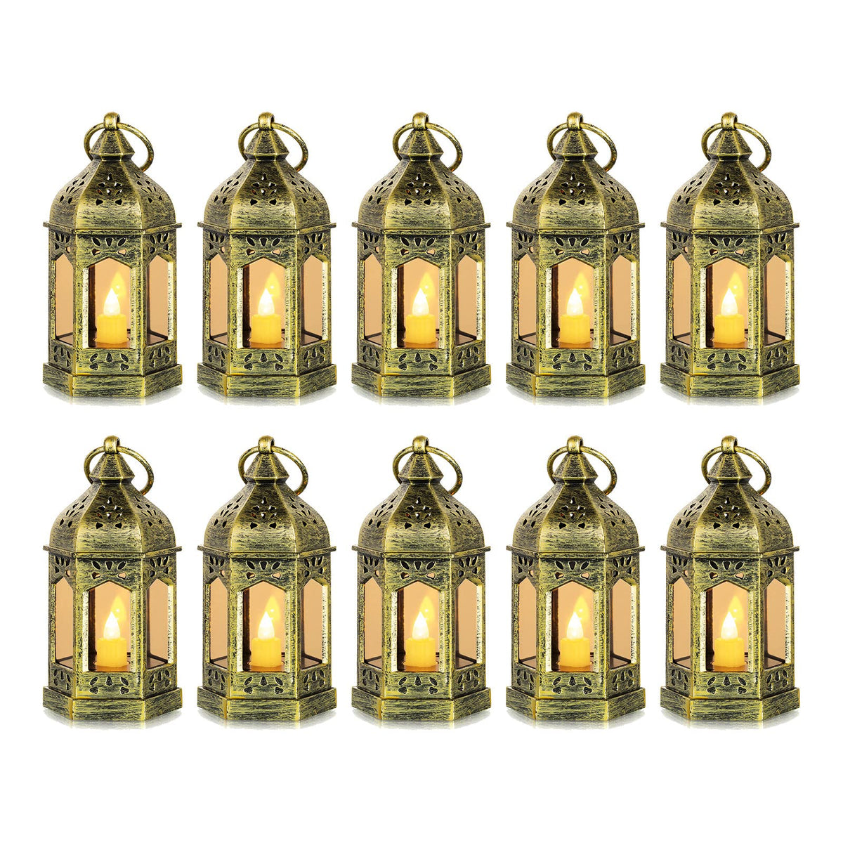 Romadedi front view of pack of 10 gold mini lanterns showing elegant finish and benefit lighting