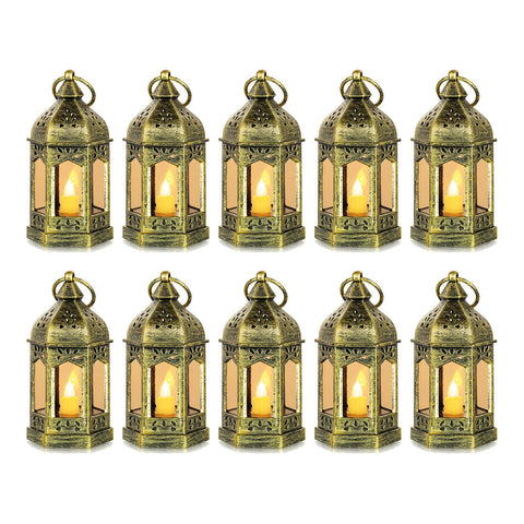 Romadedi front view of pack of 10 gold mini lanterns showing elegant finish and benefit lighting