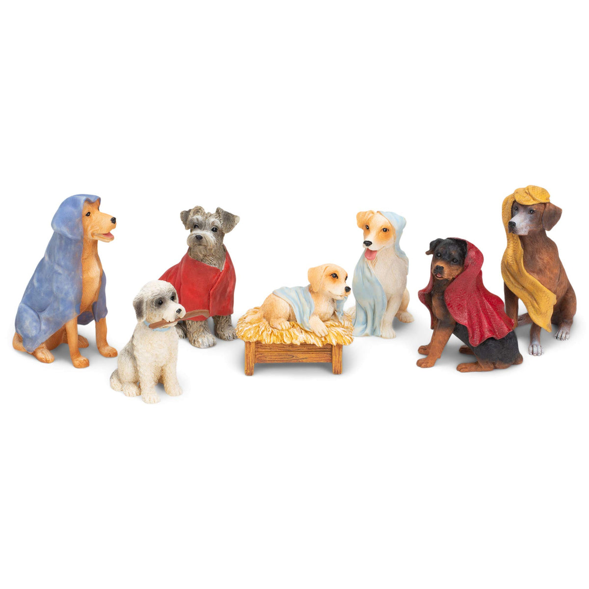 Roman dog nativity front view showing seven resin figures and warm colors