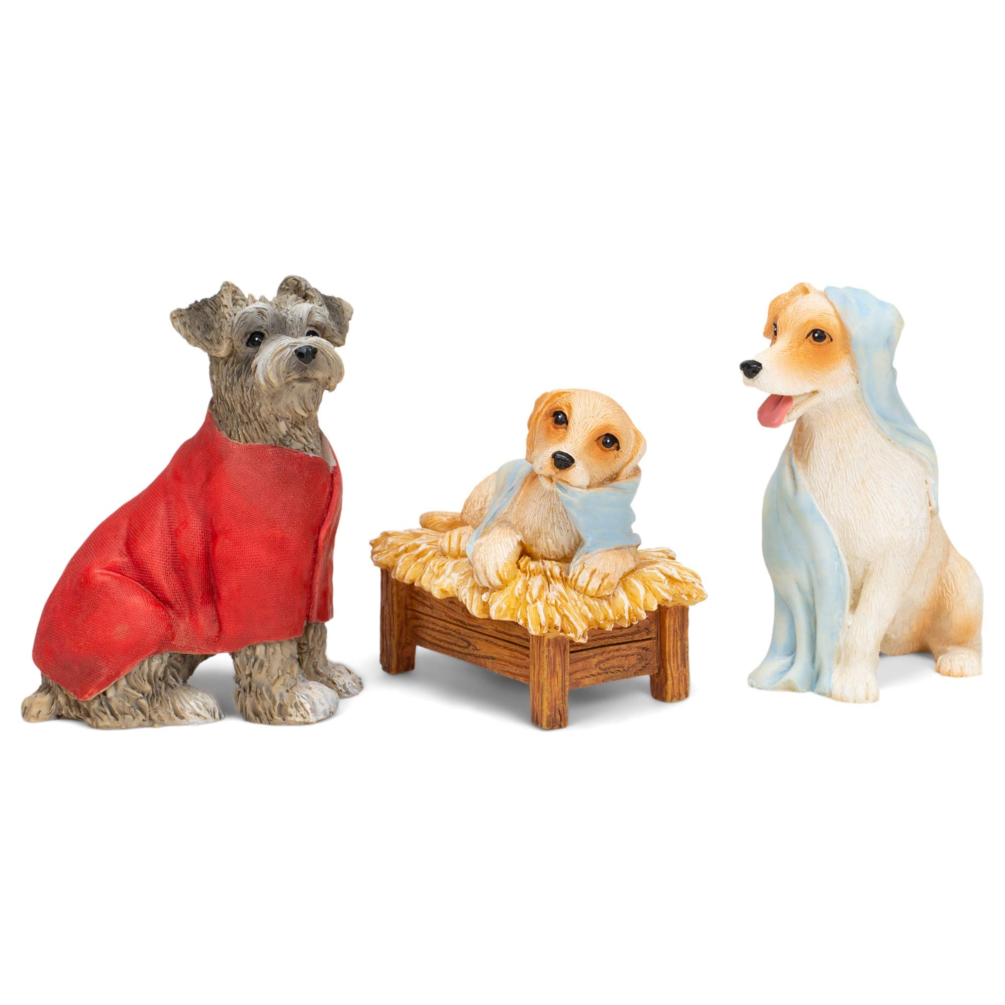 Grouped Roman canine creche arranged on a mantel creating festive charm