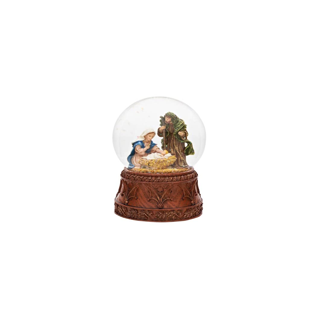 Roman nativity snow globe front view shows carved base and festive display benefit
