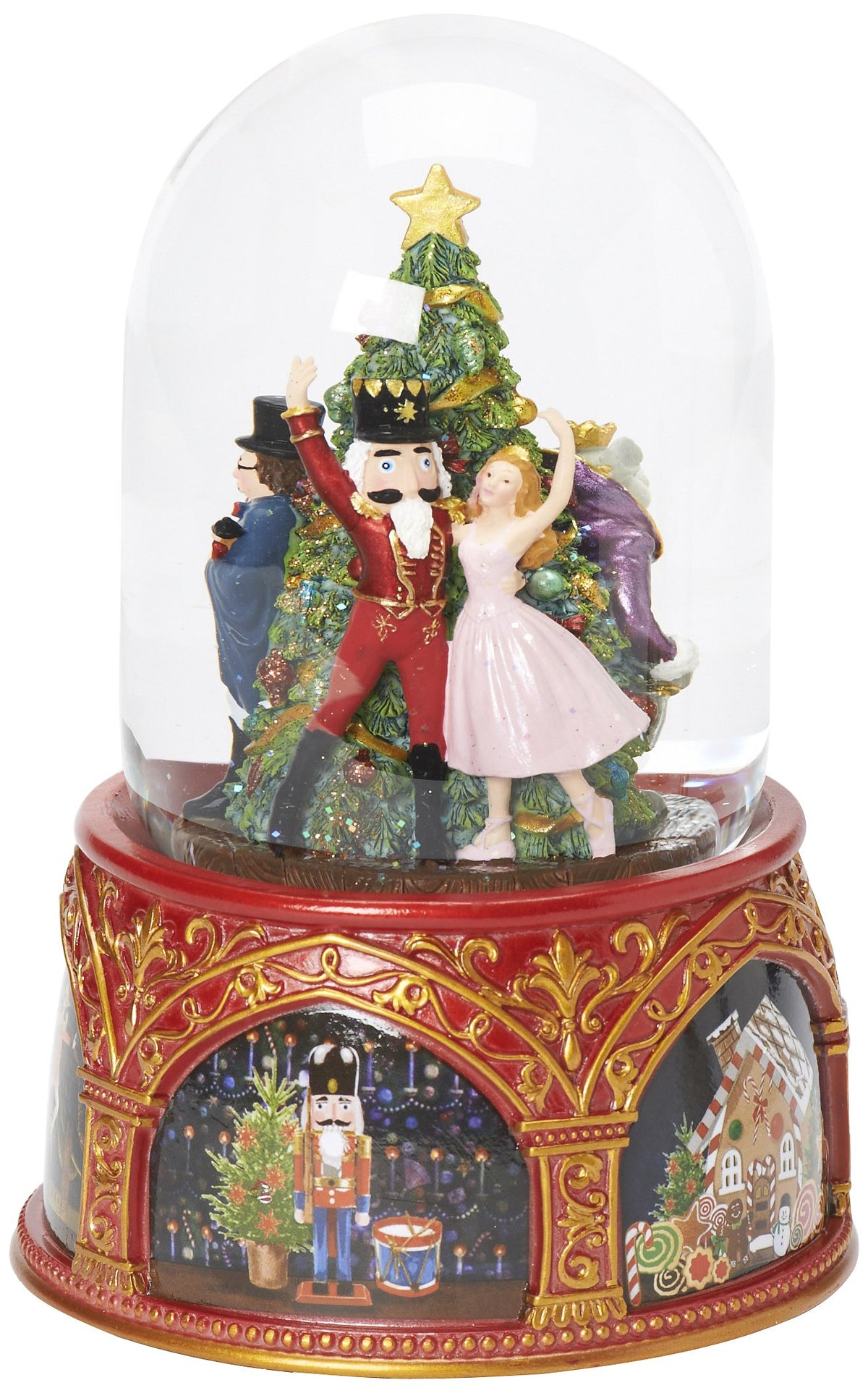 Roman Nutcracker glitter dome front view showing Clara and Nutcracker details and display appeal