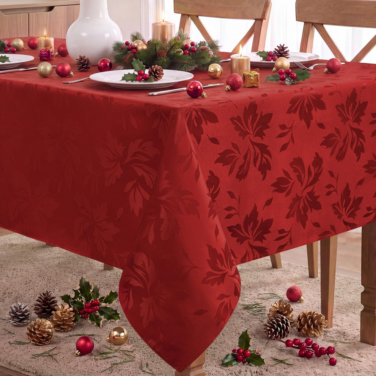 Romanstile front view of red tablecloth showing festive pattern and coverage