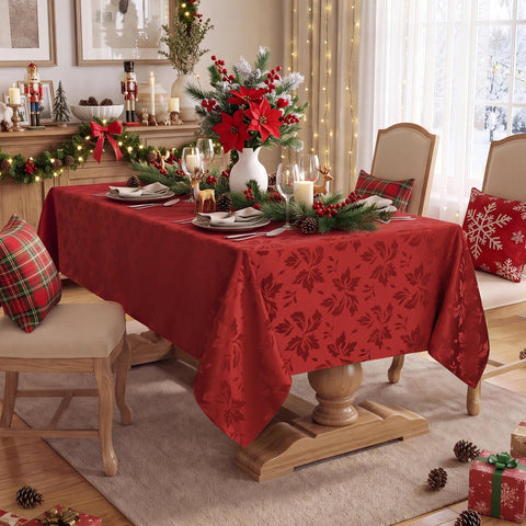Romanstile tablecloth on long dining table providing elegant holiday protection
