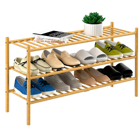 ROMGUAR CRAFT front view of 3-tier bamboo shoe rack shows stable storage