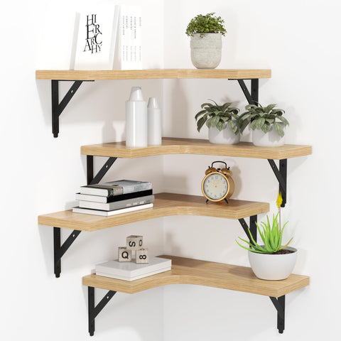 ROMGUAR CRAFT front view of four natural corner shelves, shows neat display and space gain