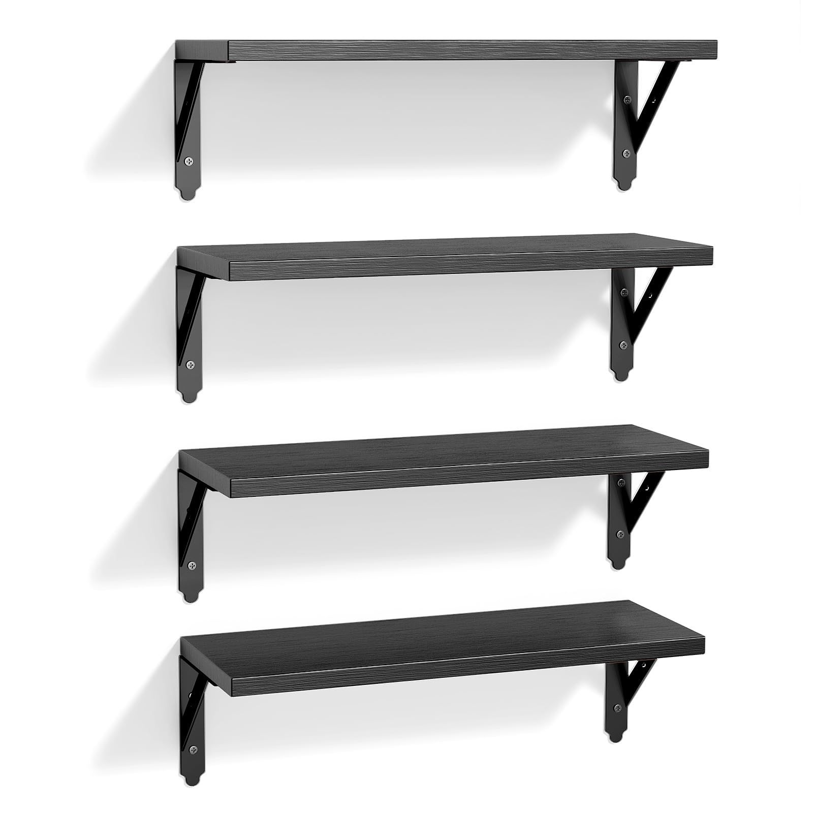 ROMGUAR CRAFT front view of four boxed black floating shelves, ready to mount and save space