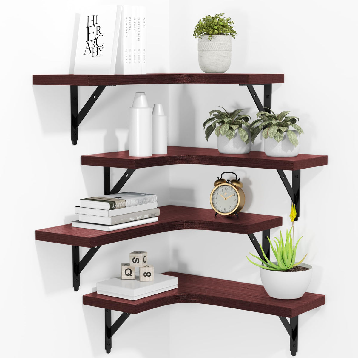 ROMGUAR CRAFT front view of red corner floating shelves showing bright finish and storage benefit