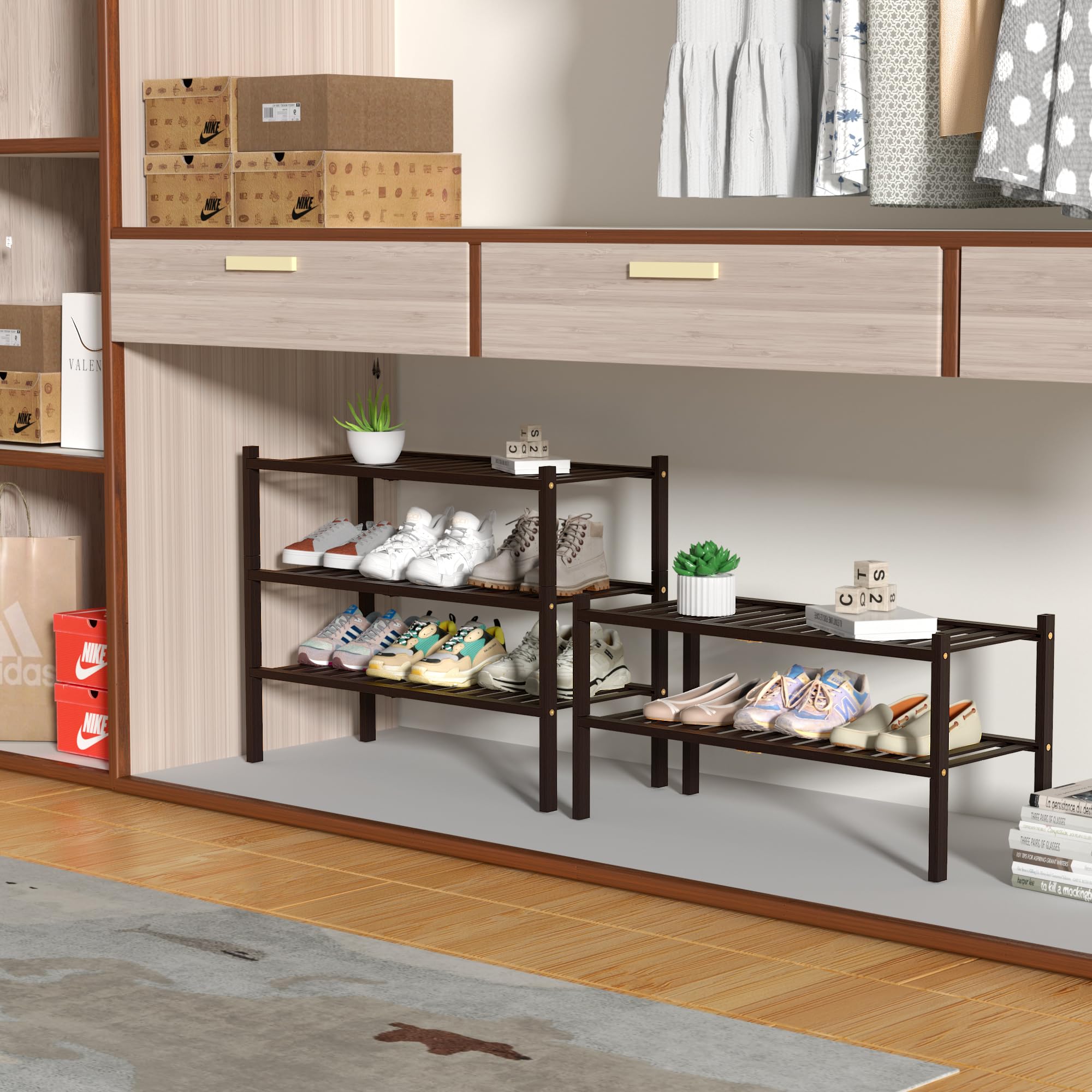 ROMGUAR CRAFT shoe rack placed inside a closet illustrating space-saving storage benefit