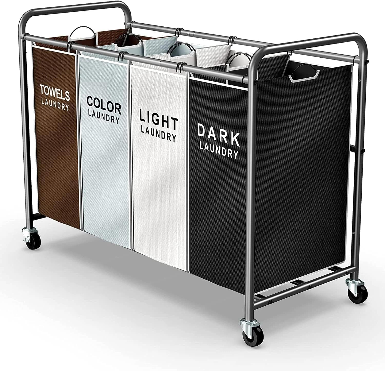 ROMOON front view of four-section hamper cart showing organized benefit