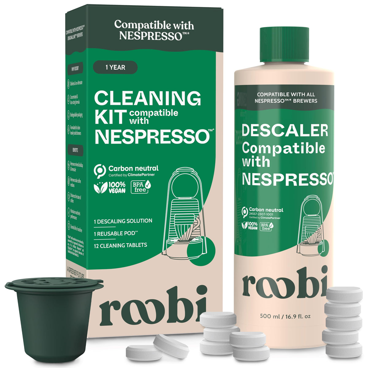 Roobi bottle front label showing plant-based descaler benefit