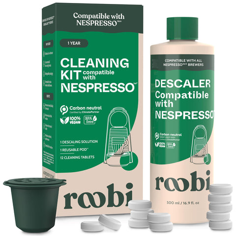 Roobi bottle front label showing plant-based descaler benefit