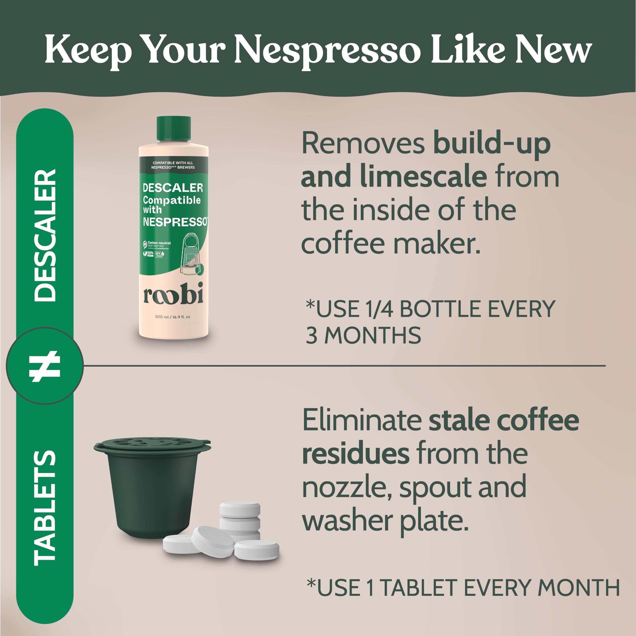 Roobi kit in a kitchen setting suggesting improved coffee taste and routine care