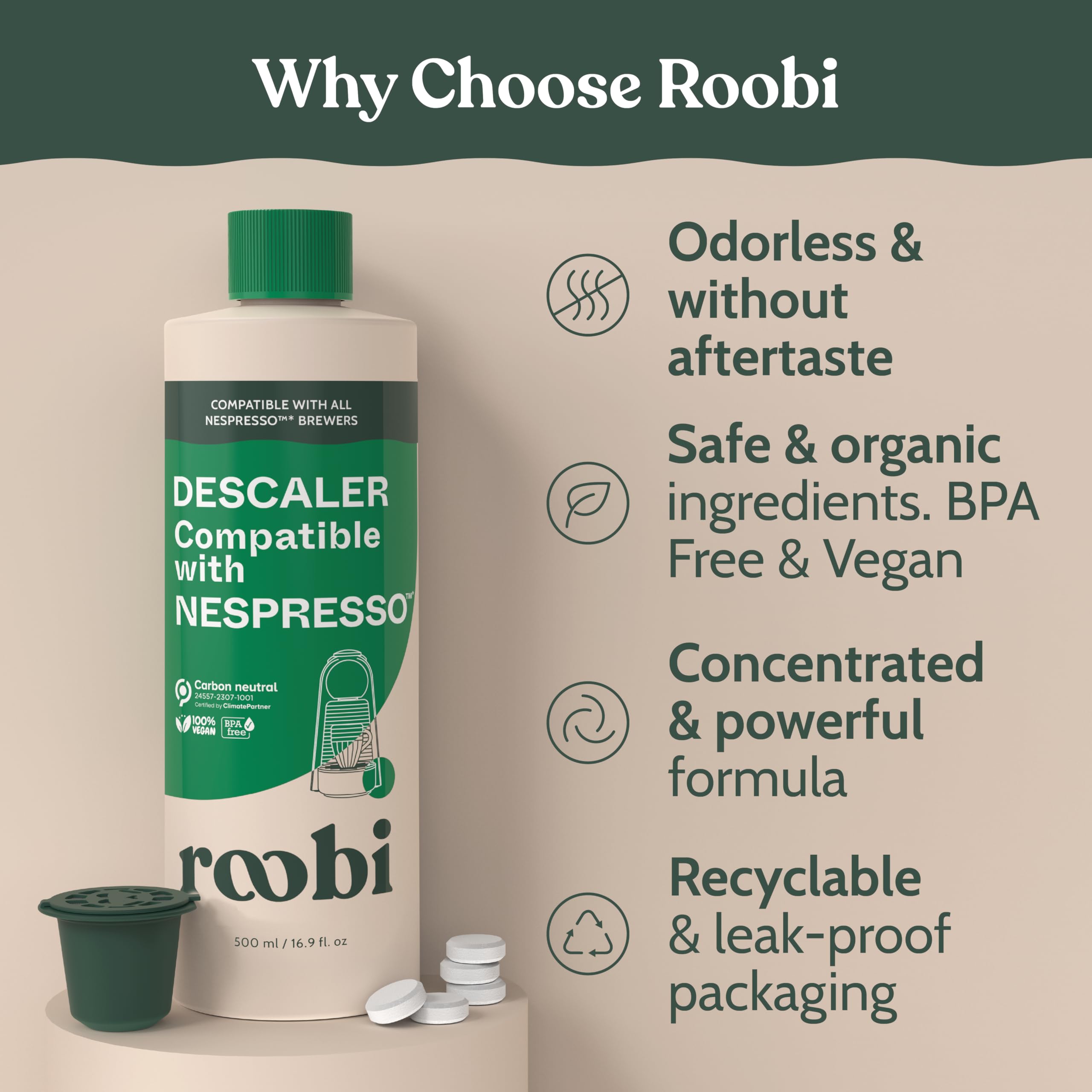 Roobi packaging with sustainability icons emphasizing carbon-neutral production