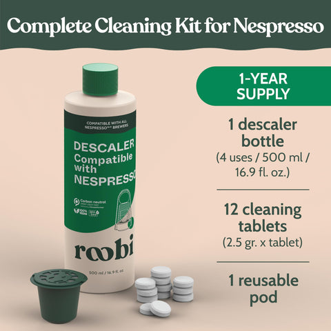 Roobi tablet dissolving in cup illustrating fast active cleaning action