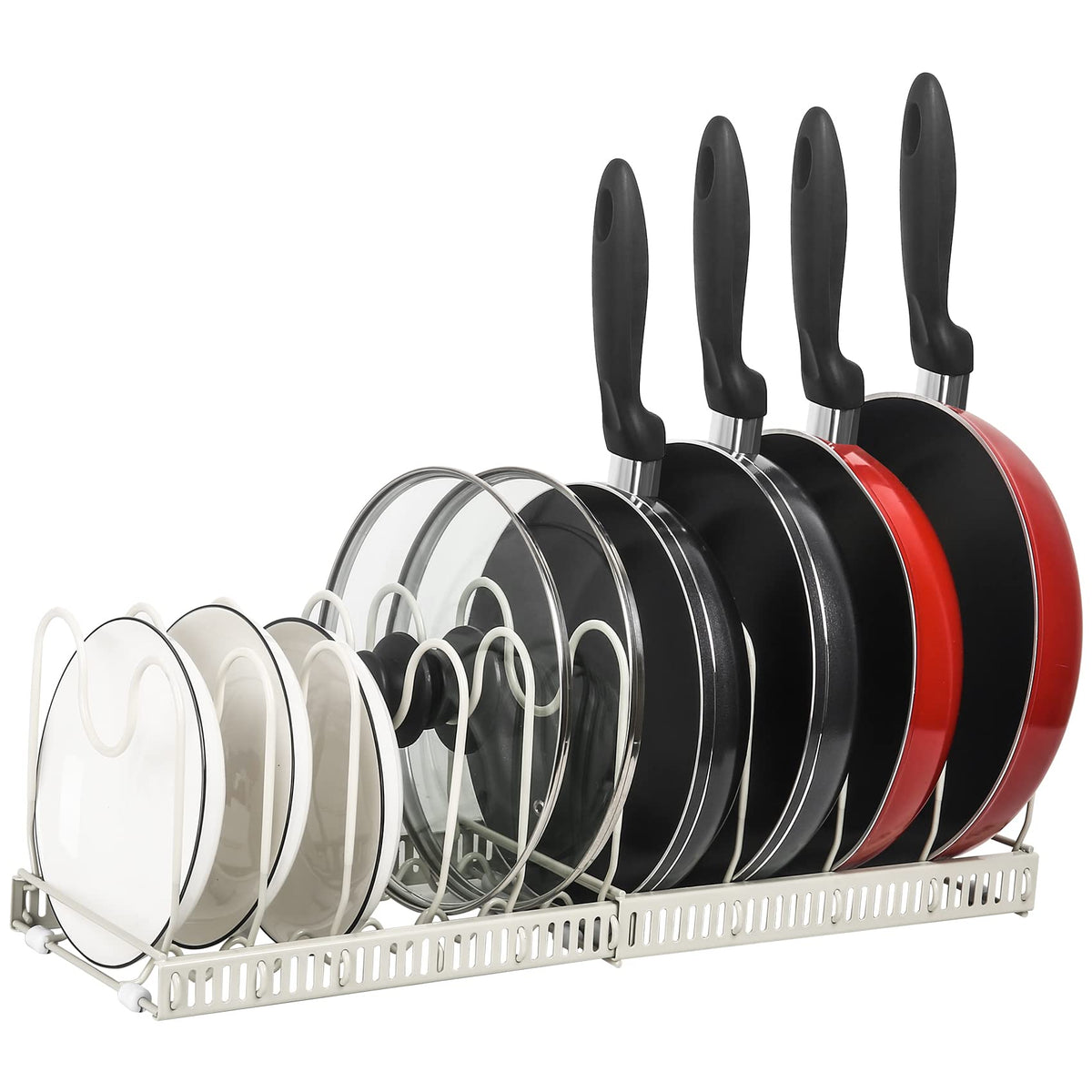 ROOHUA front view of assembled rack showing organized lids and pans for tidy storage