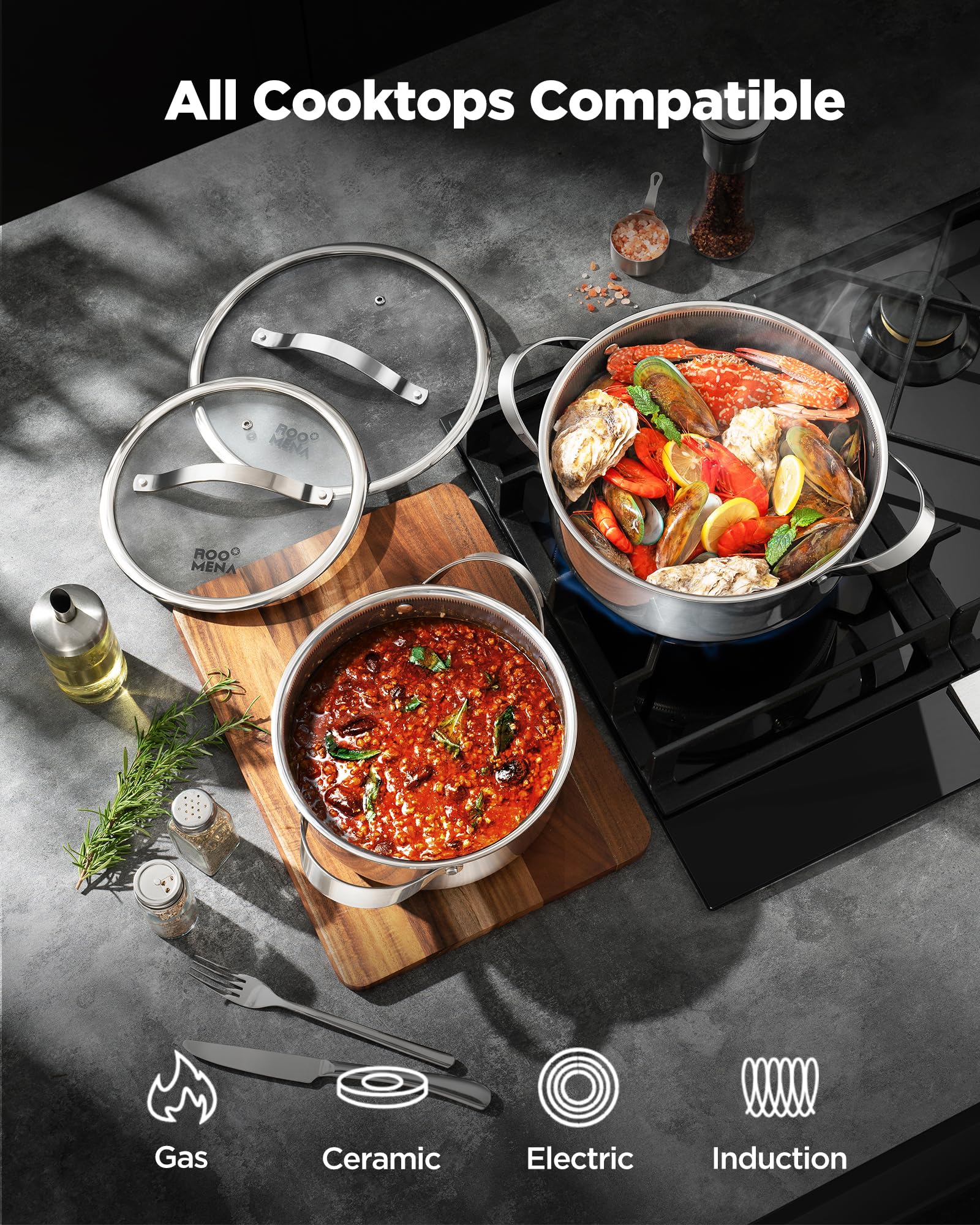 Roomena 10pc set arranged on stovetop demonstrating versatile cooking benefit