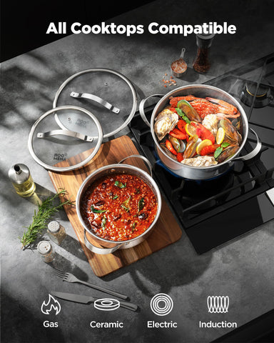 Roomena 10pc set arranged on stovetop demonstrating versatile cooking benefit