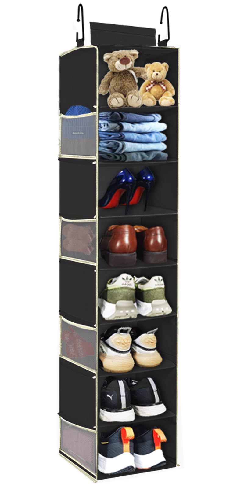 roomtalk front view hanging organizer showing eight wide shelves, maximizes closet space