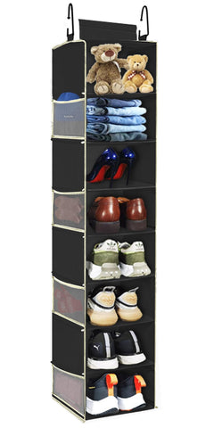roomtalk front view hanging organizer showing eight wide shelves, maximizes closet space