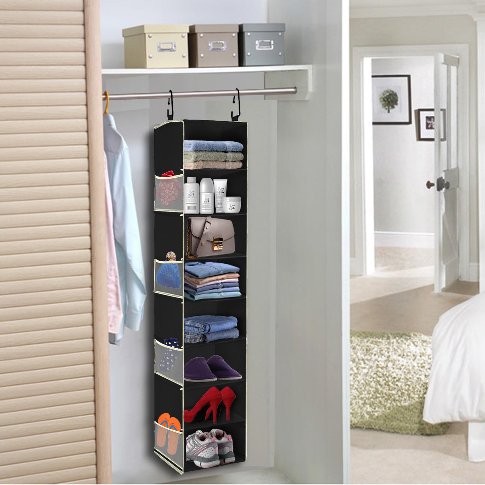 roomtalk mounted in closet among hanging clothes, creates clear floor space