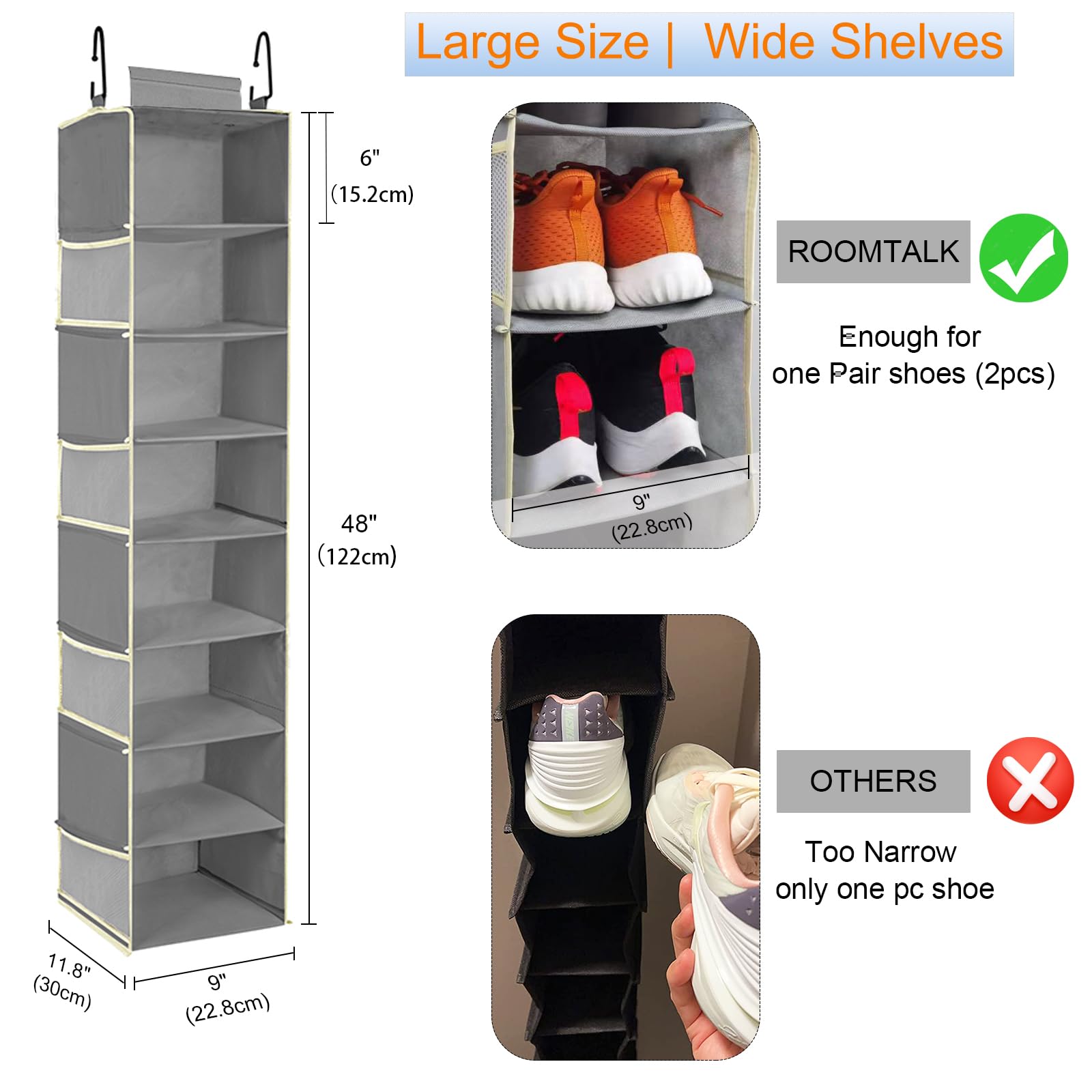 roomtalk close-up of shelf depth illustrating space for bulky shoes