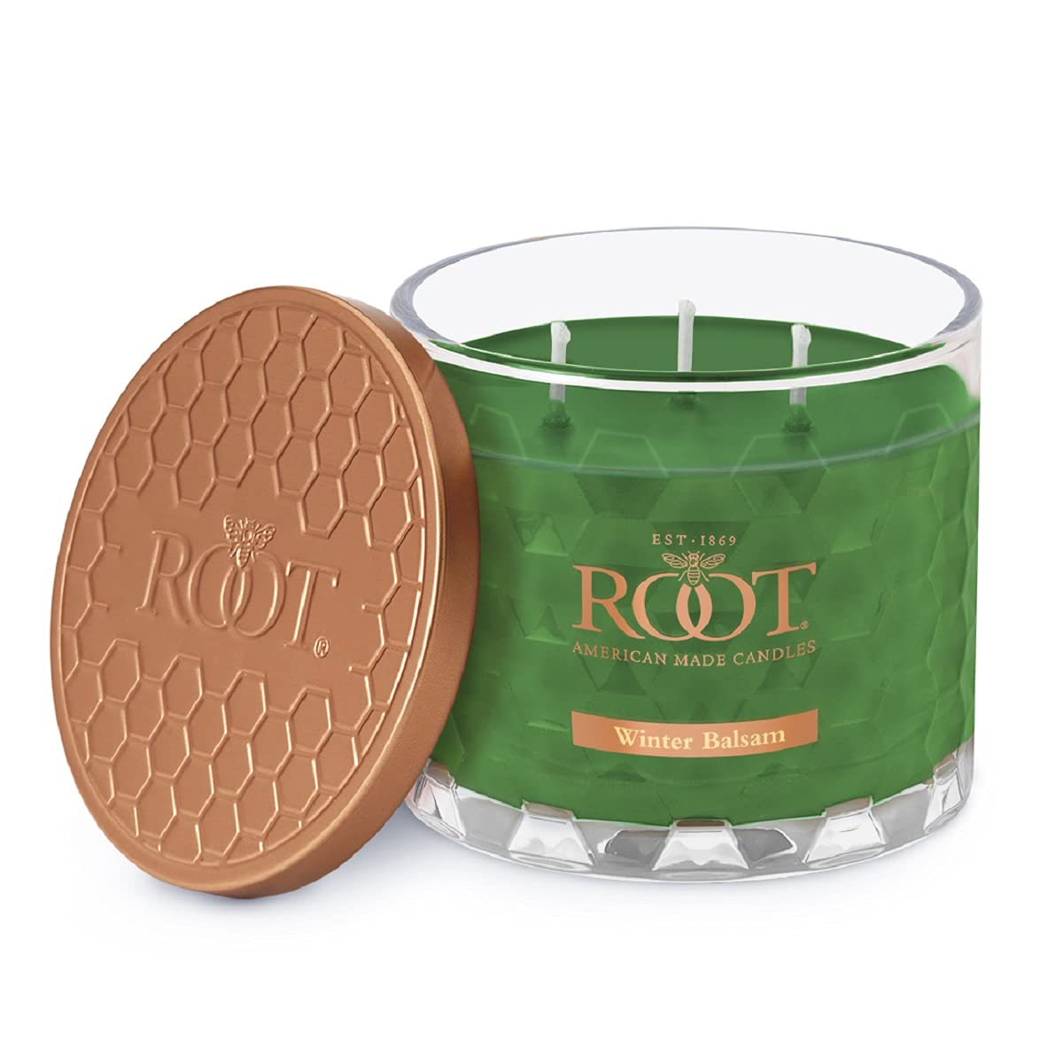 Root candle front glass jar showing Winter Balsam scent and elegant packaging benefit: clear presentation