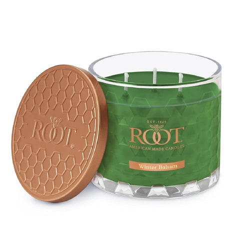 Root candle front glass jar showing Winter Balsam scent and elegant packaging benefit: clear presentation
