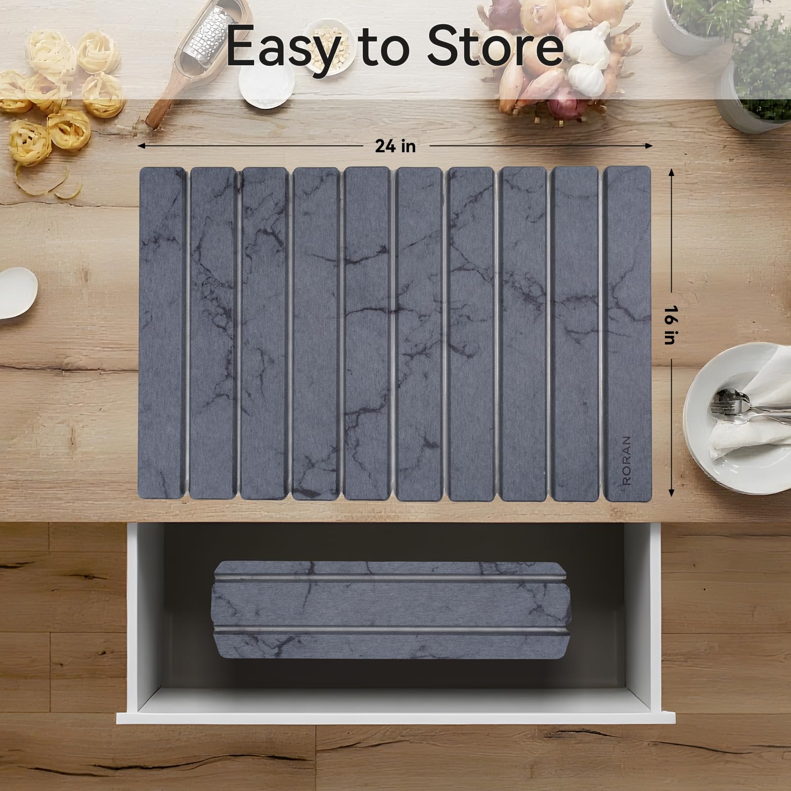 Folded Roran mat compactly stored in cabinet saving kitchen space