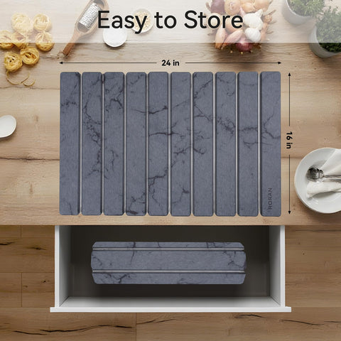 Folded Roran mat compactly stored in cabinet saving kitchen space