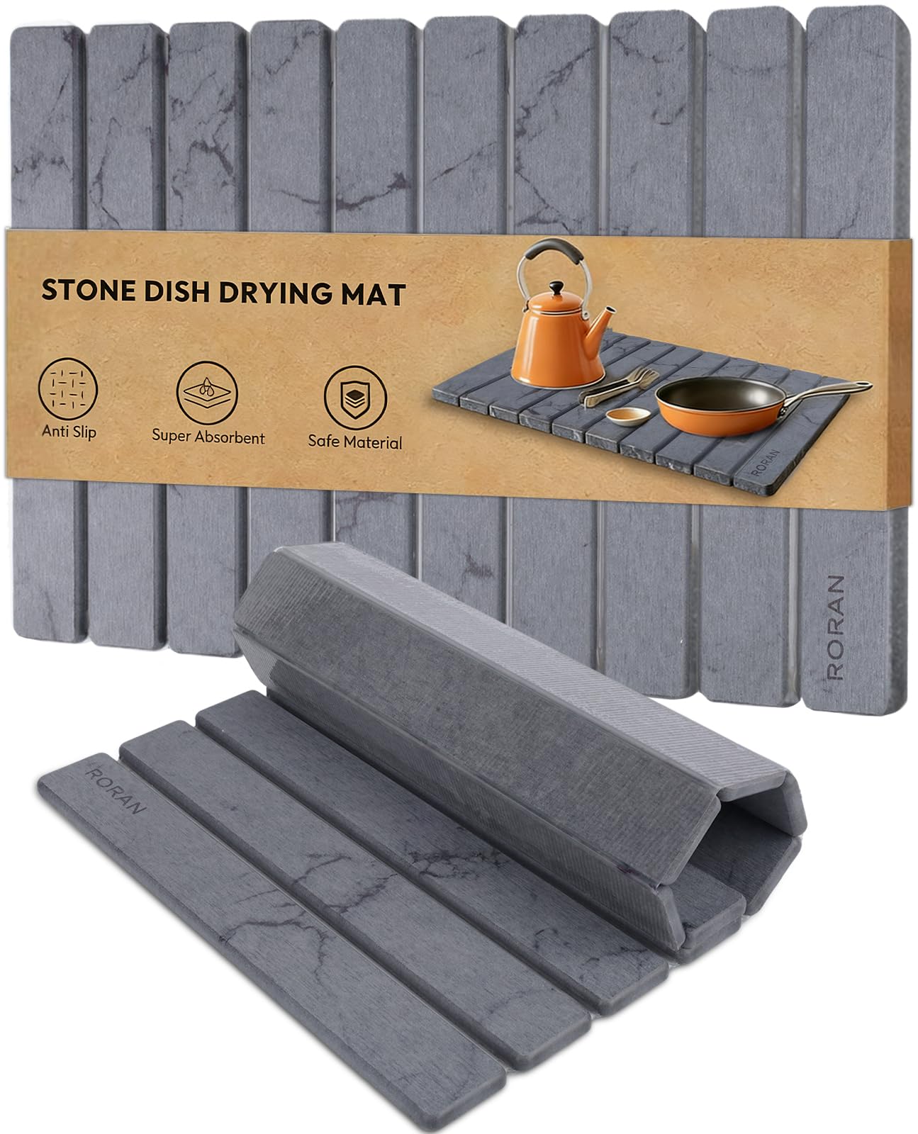 Roran stone mat front view showing sleek dark gray finish and counter protection