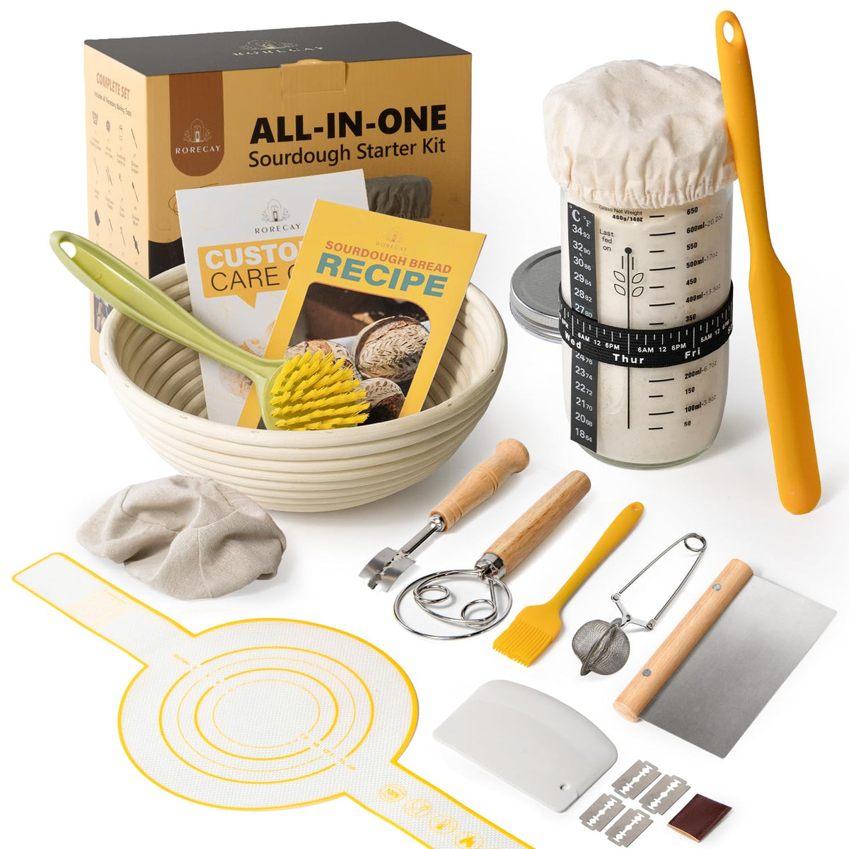 rorecay kit box front view showing included sourdough tools and recipe guide for confident baking