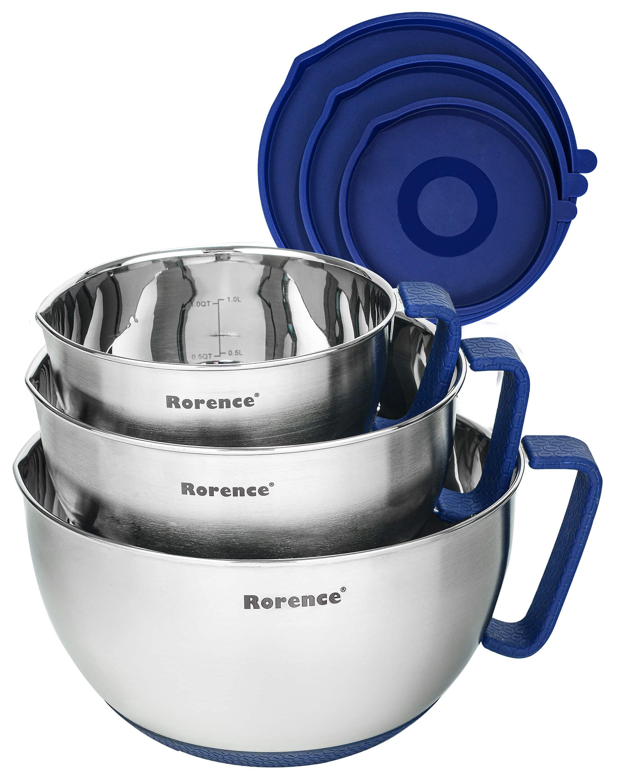 Rorence front view of blue bowl set showing durable stainless finish and lids, easy storage benefit