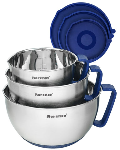Rorence front view of blue bowl set showing durable stainless finish and lids, easy storage benefit