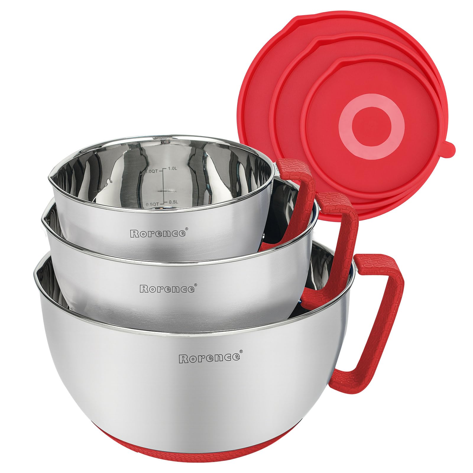 Rorence front packaging showing three red-accented stainless bowls, durable set benefit