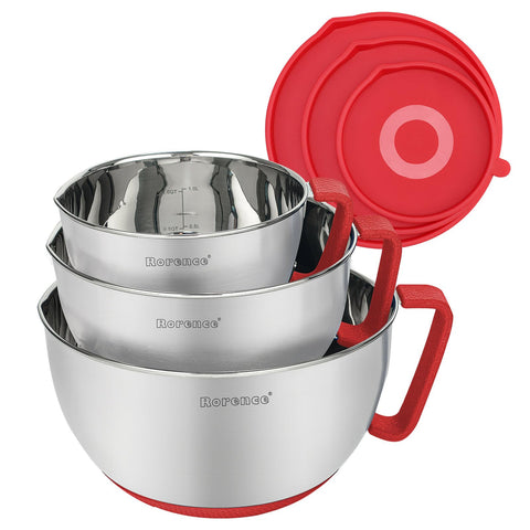Rorence front packaging showing three red-accented stainless bowls, durable set benefit