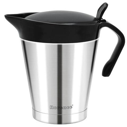 Rorence gravy boat front view showing elegant stainless finish and lid benefit
