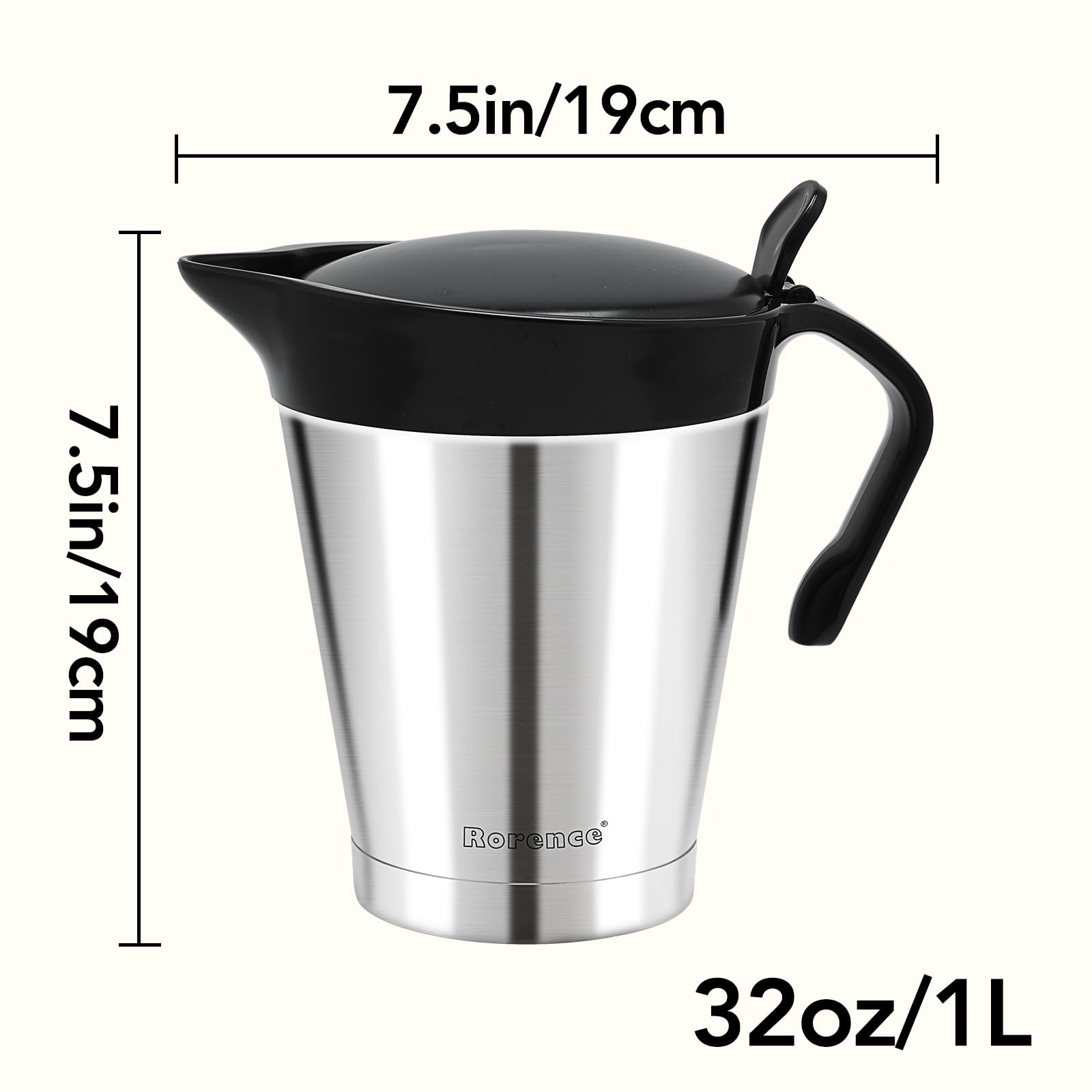 Rorence gravy jug with hinged lid open for easy refill benefit