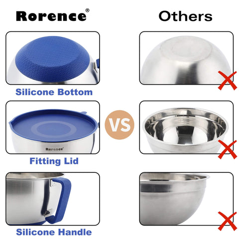 Rorence lids snapped on bowls for fridge storage and spill protection benefit