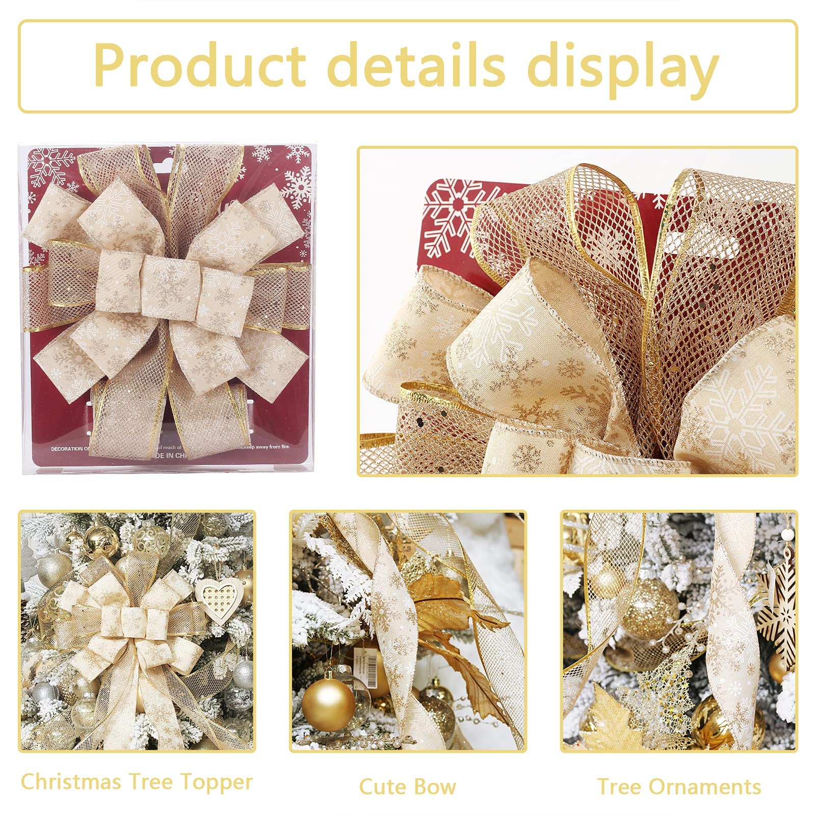 RoseCraft bow perched on a Christmas tree top for easy secure decoration