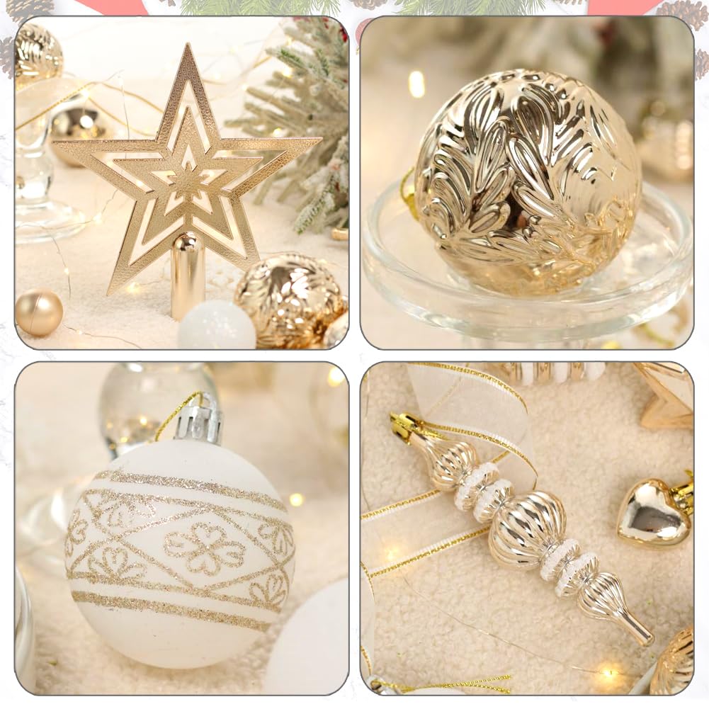 ROSELEAF ornaments hanging on a decorated tree creating balanced, elegant look