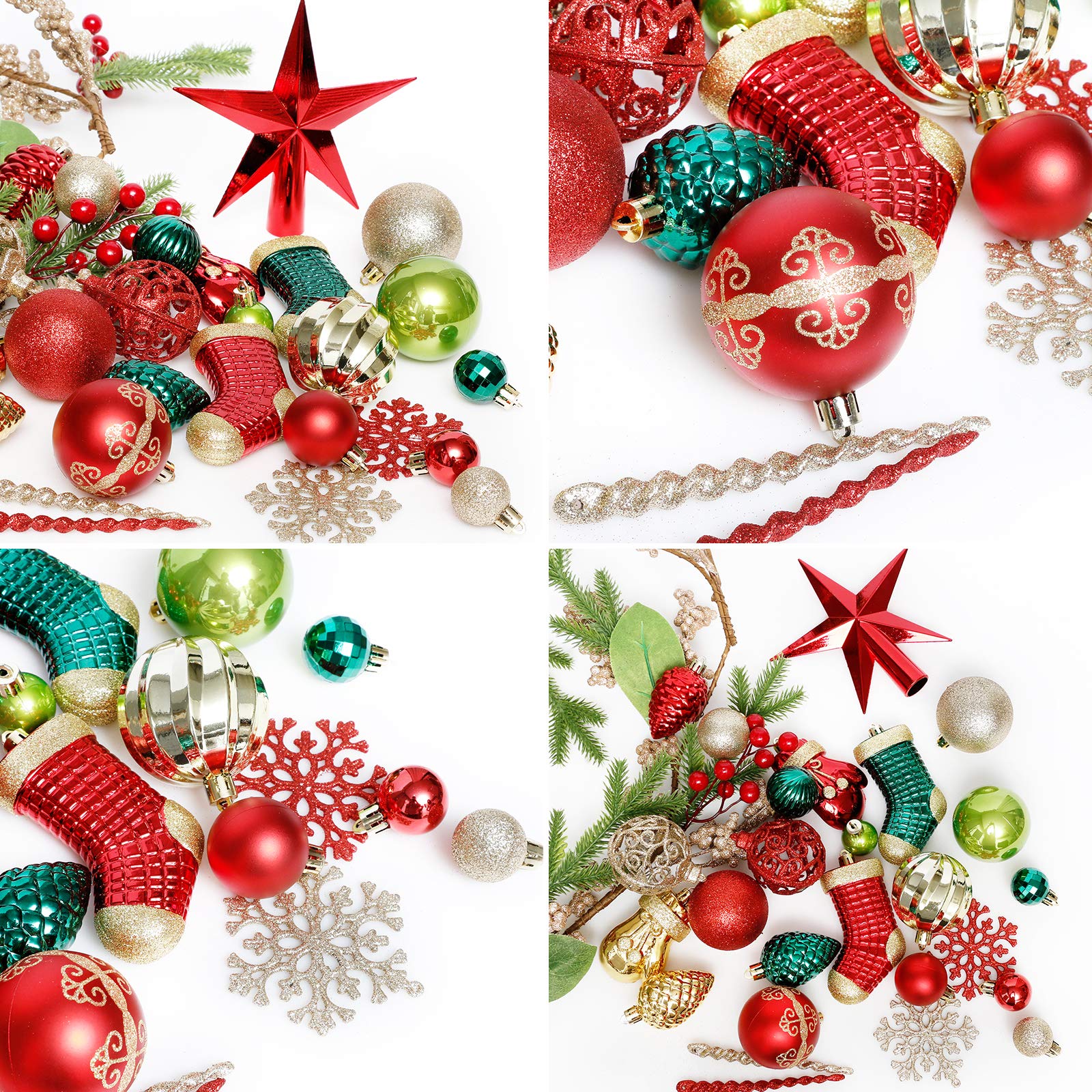 ROSELEAF ornaments hanging on tree adding safe, lightweight sparkle