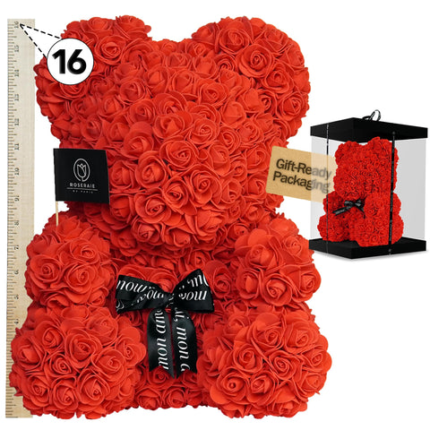 ROSERAIE DE PARIS front view of boxed 16-inch rose bear for impressive gifting