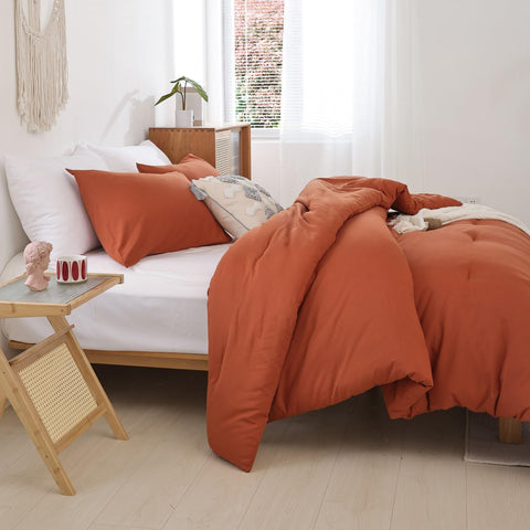 ROSGONIA staged bed showing how terracotta comforter updates room style