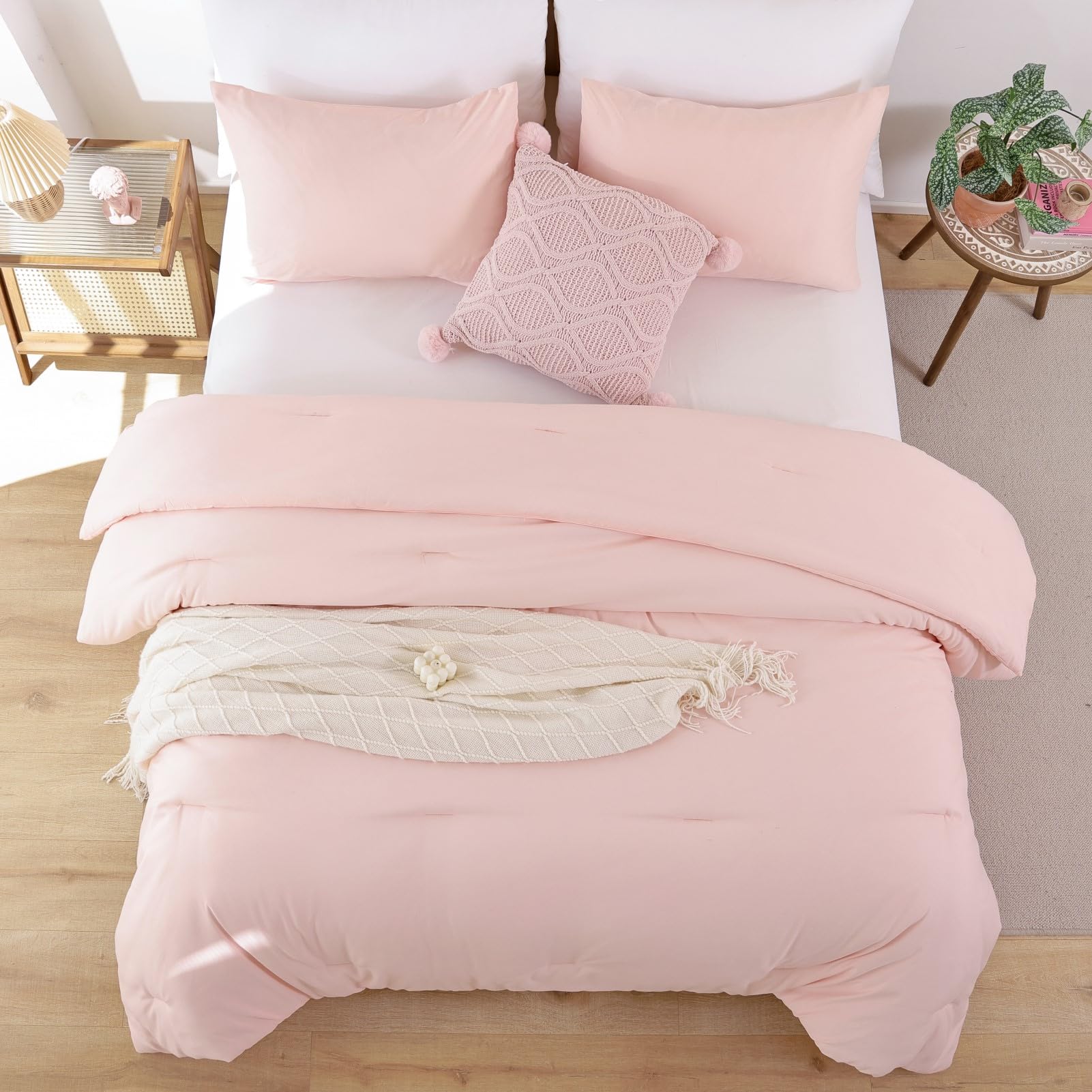ROSGONIA comforter on full bed showing fit and modest overhang for proper coverage