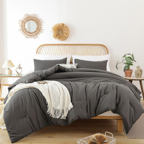 ROSGONIA front view comforter set showing neat fit and modern charcoal color